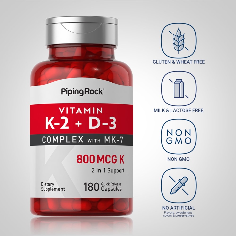 Piping Rock Vitamin K-2 Complex 100mcg with D3 - 180 Quick Release Softgels